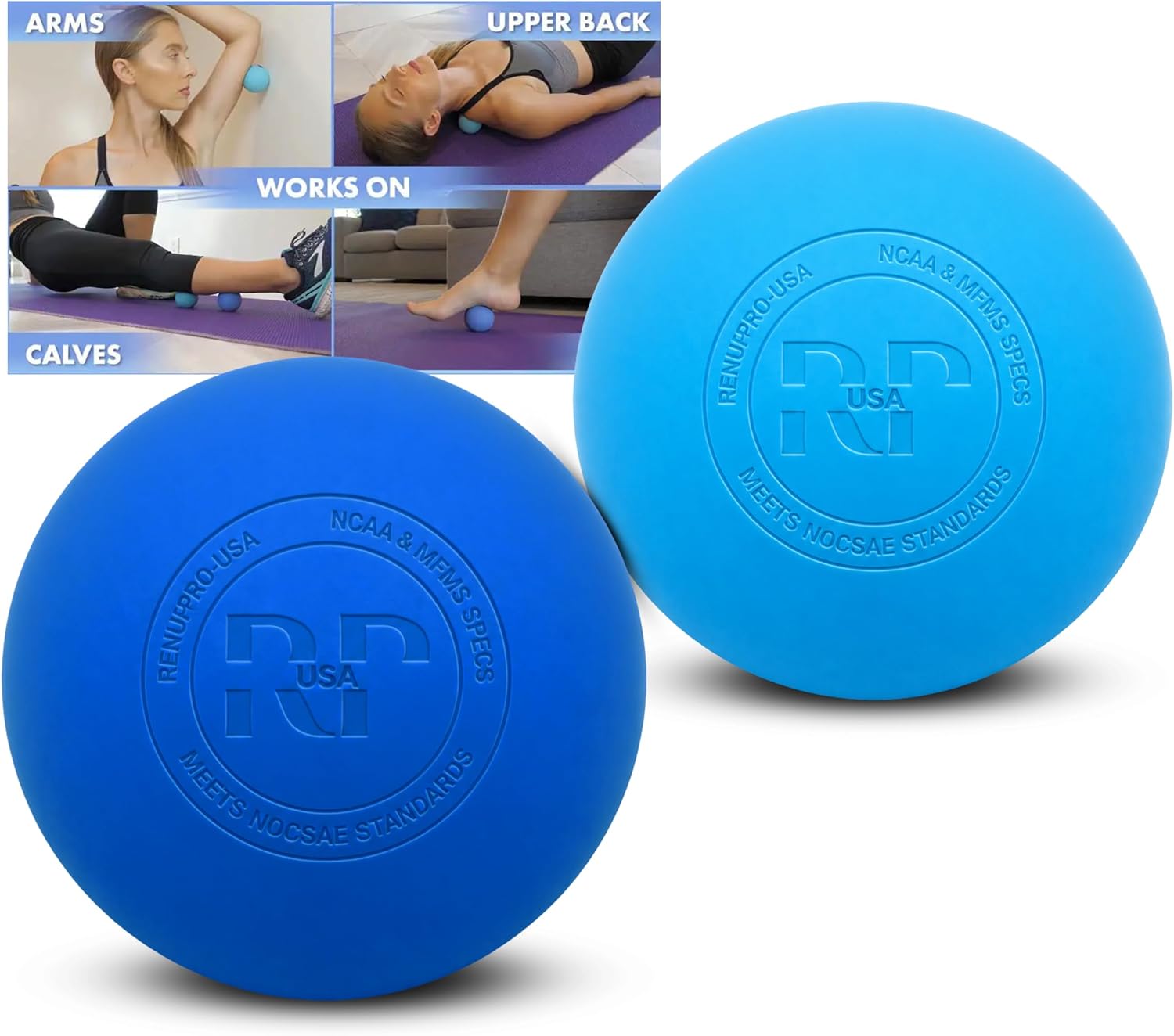 Two blue RENUPRO massage balls with examples of use