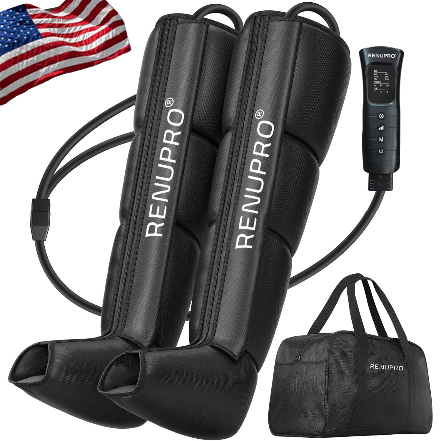RENUPRO full-leg compression boots with handheld controller and carry bag