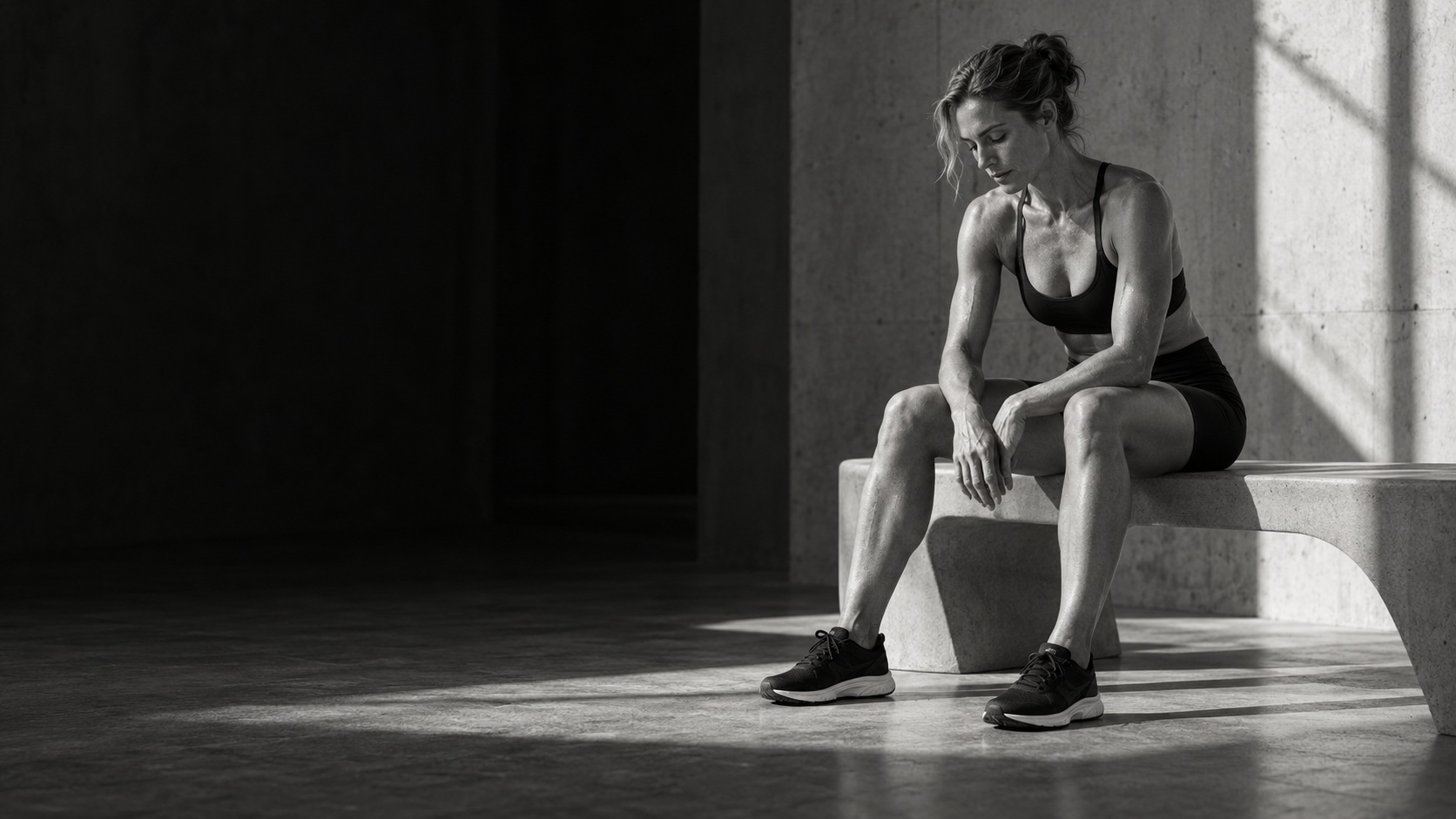 An athlete takes a quiet moment on a studio bench after training