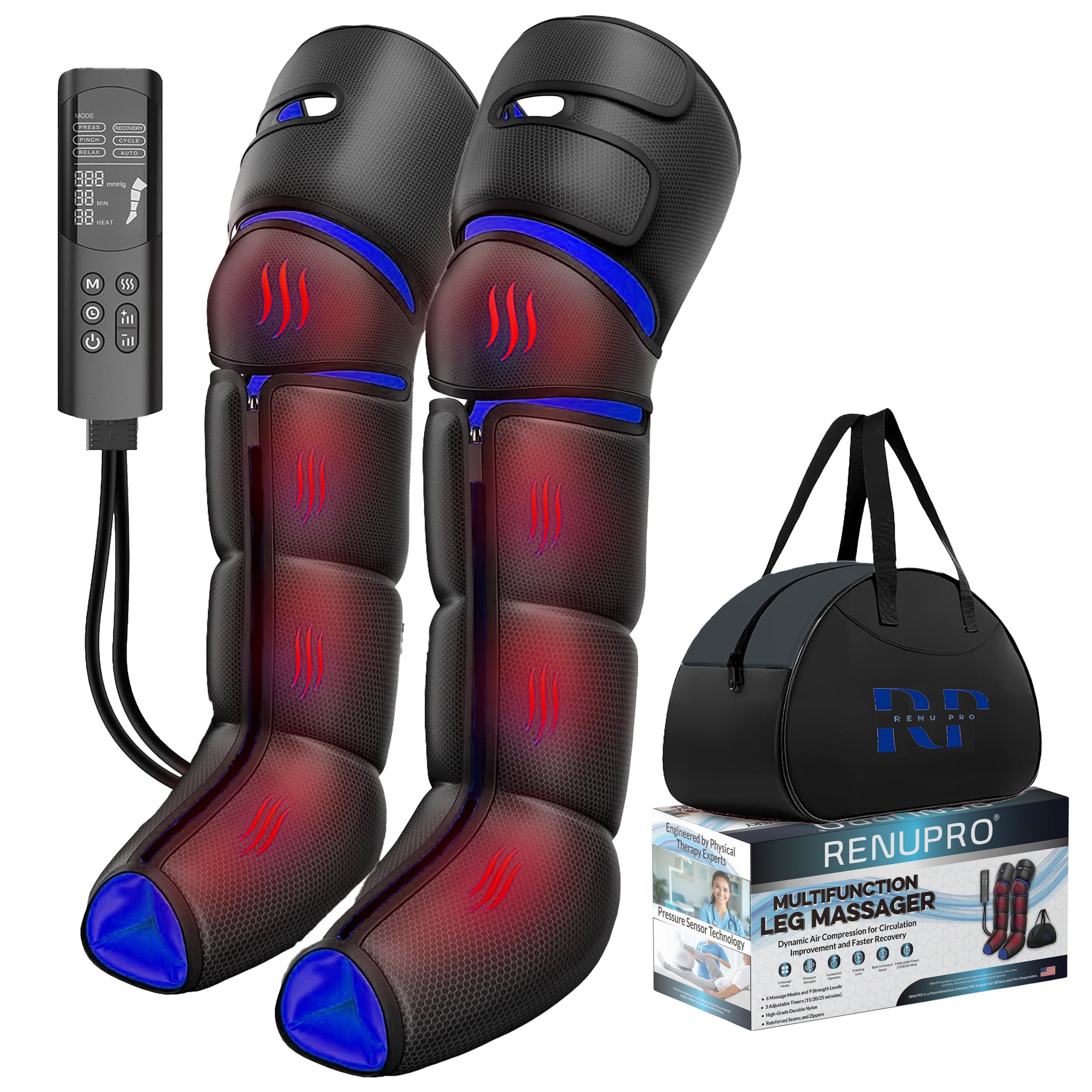 RENUPRO heated leg massager with adjustable wraps, controller, and carry bag